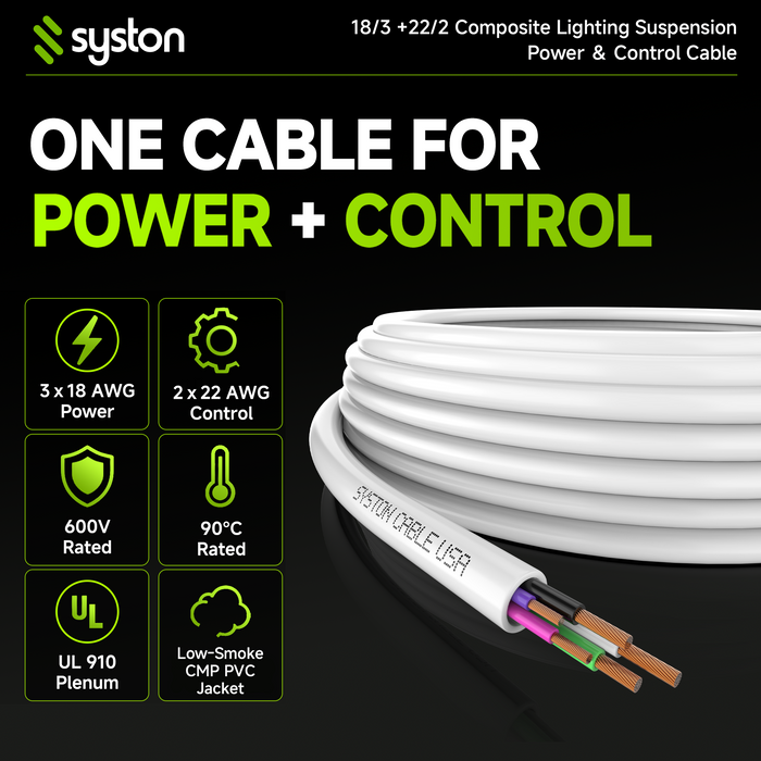 18/3 + 22/2 Composite Lighting Suspension Cable, 0-10V Dimming, CMP, 600V 90°C for LED Lighting Fixtures