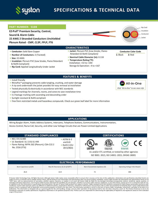 22/2 Security Wire,Burglar Alarm Cable,CL3P,Unshielded,Stranded Copper,UV Res