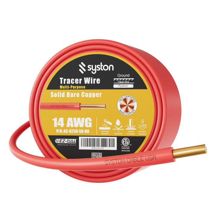 14 AWG Tracer Wire, Red, Direct Burial, Solid Bare Copper, Underground