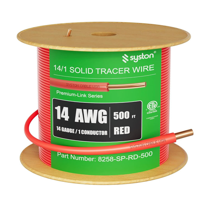 14 AWG Tracer Wire, Red, Direct Burial, Solid Bare Copper, Underground