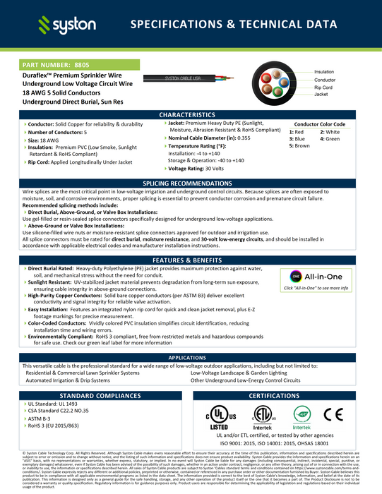 18/5 Sprinkler Wire, Solid Copper, Irrigation Systems, Direct Burial, Water Resistant,Underground