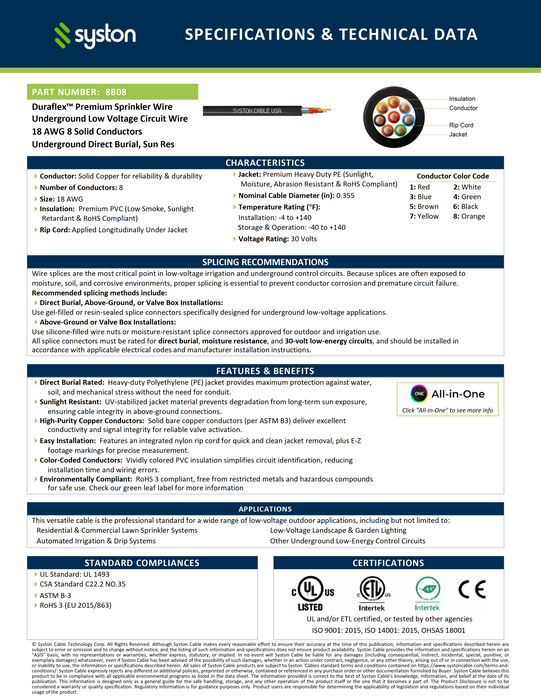 18/8 Sprinkler Wire, Solid Copper, Irrigation Systems, Direct Burial, Water Resistant,Underground