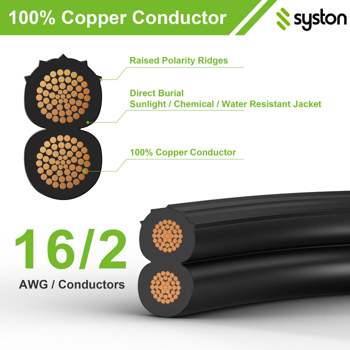 16/2 Low Voltage Landscape Lighting Wire, Direct Burial, Stranded Copper, Black, Outdoor