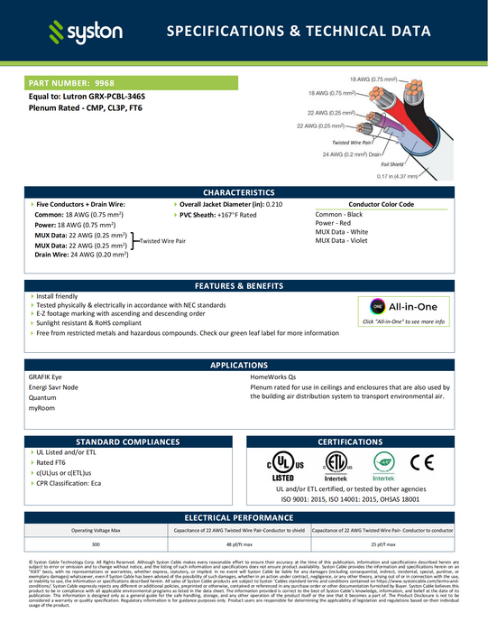 Lutron Control Cable Equivalent GRX-PCBL-346S, 18/2C + 22/1PR, CL3P, QS UL