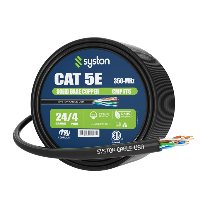 CAT 5E Ethernet Bulk Cable, 350MHz, 24/4pr Solid CU, CMP, Indoor/Outdoor