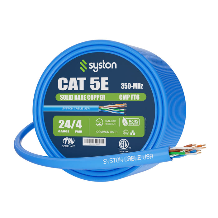 CAT 5E Ethernet Bulk Cable, 350MHz, 24/4pr Solid CU, CMP, Indoor/Outdoor