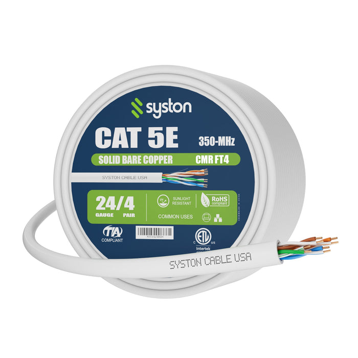 CAT 5E Ethernet Bulk Cable, 350MHz, 24/4pr Solid CU, CMR, Indoor/Outdoor