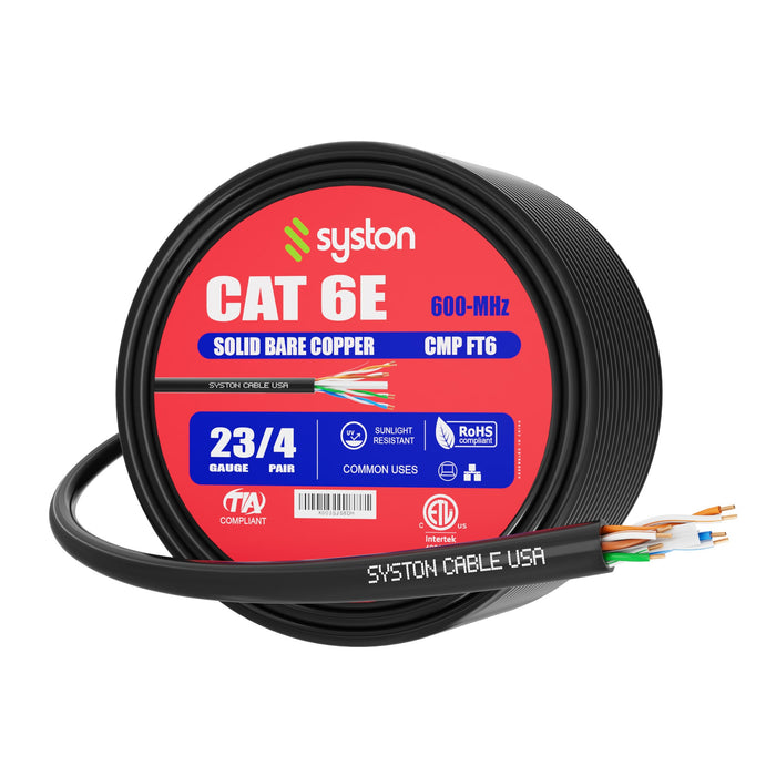 CAT 6E Ethernet Bulk Cable, 600MHz, 23/4pr Solid CU, CMP, Indoor/Outdoor