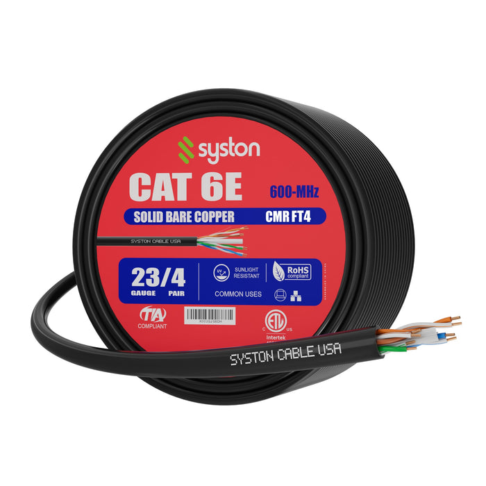 CAT 6E Ethernet Bulk Cable, 600MHz, 23/4pr Solid CU, CMR, Indoor/Outdoor