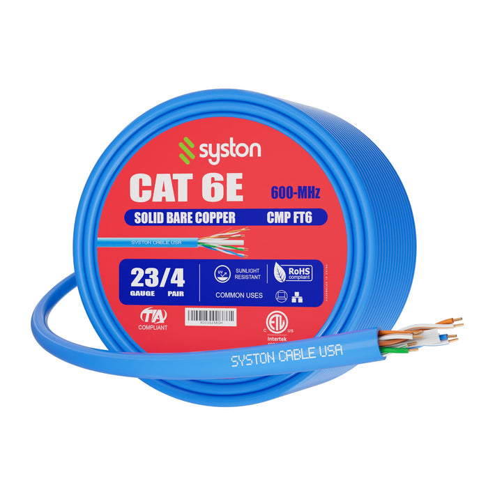 CAT 6E Ethernet Bulk Cable, 600MHz, 23/4pr Solid CU, CMP, Indoor/Outdoor