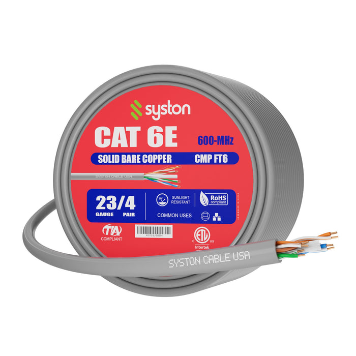 CAT 6E Ethernet Bulk Cable, 600MHz, 23/4pr Solid CU, CMP, Indoor/Outdoor