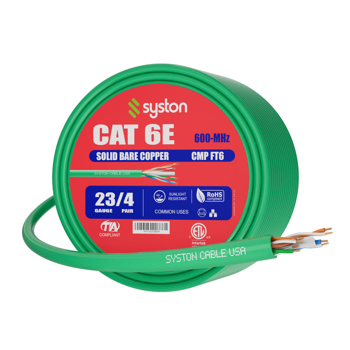 CAT 6E Ethernet Bulk Cable, 600MHz, 23/4pr Solid CU, CMP, Indoor/Outdoor