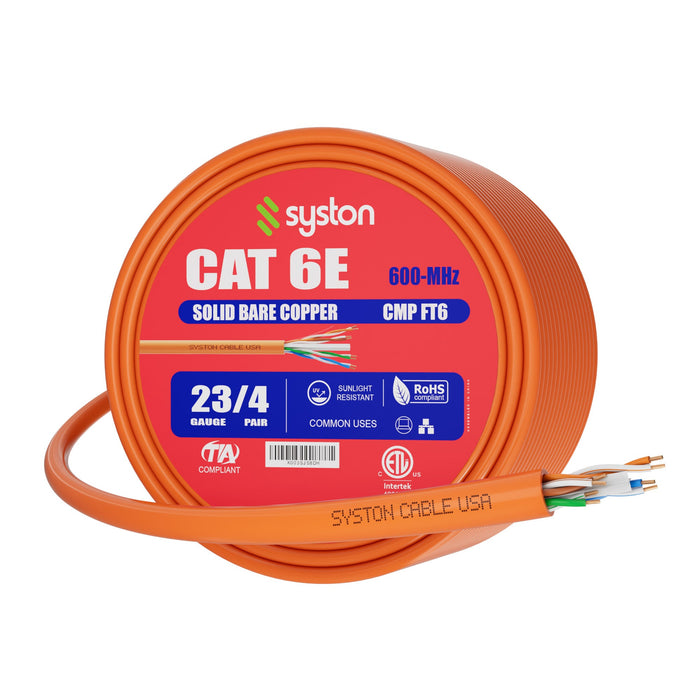 CAT 6E Ethernet Bulk Cable, 600MHz, 23/4pr Solid CU, CMP, Indoor/Outdoor