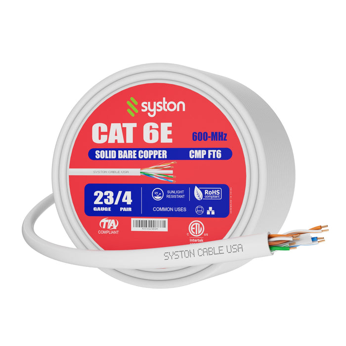 CAT 6E Ethernet Bulk Cable, 600MHz, 23/4pr Solid CU, CMP, Indoor/Outdoor