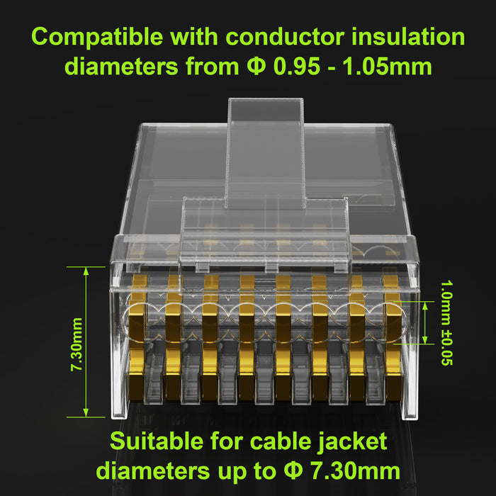 Cat 6 RJ45 Connectors, Front-Entry Design, RJ45 Modular Plugs, 1.00 mm Hole Diameter, UTP