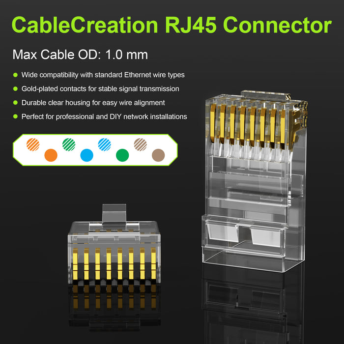 Cat 6 RJ45 Connectors, Front-Entry Design, RJ45 Modular Plugs, 1.00 mm Hole Diameter, UTP
