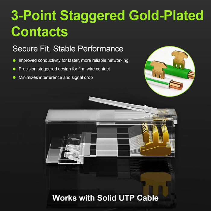 Cat 6 RJ45 Connectors, Front-Entry Design, RJ45 Modular Plugs, 1.00 mm Hole Diameter, UTP