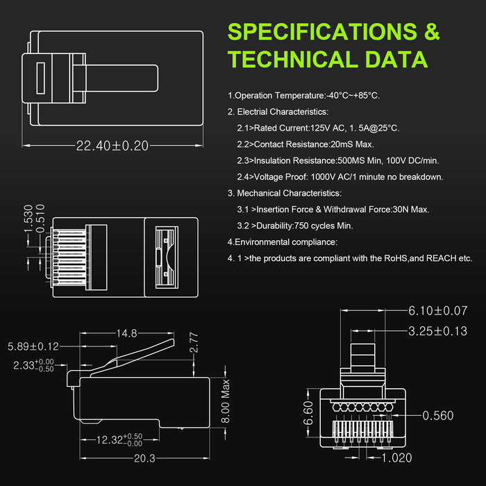 Cat 6 RJ45 Connectors, Front-Entry Design, RJ45 Modular Plugs, 1.00 mm Hole Diameter, UTP